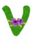 3D Ã¢â¬ÅGreen grass leaves and purple flowersÃ¢â¬Â creative decorative natural Letter V, Character V isolated in white background.